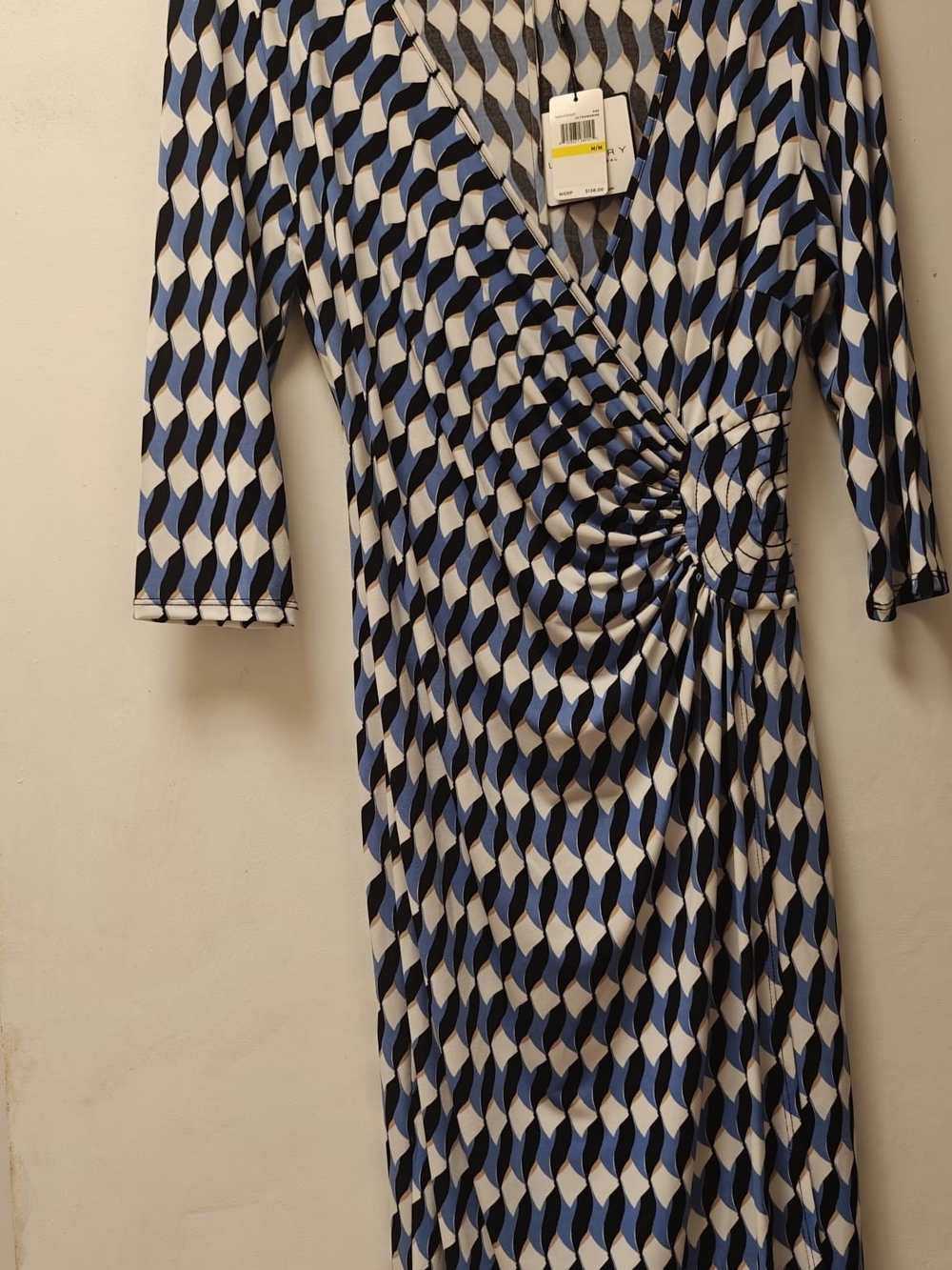 Laundry By Shelli Segal Blue Black and White Geometric Wrap Dress